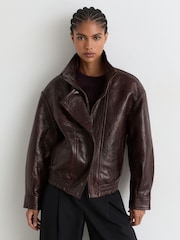 Reiss Aubergine Petra Textured Leather Oversized Jacket - Image 8 of 9