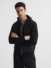 Reiss Black Taylor Hybrid Zip Quilted Hooded Jacket - Image 1 of 5