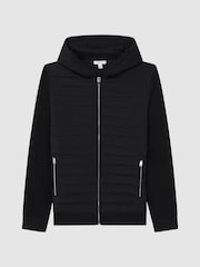 Reiss Black Taylor Hybrid Zip Quilted Hooded Jacket - Image 2 of 5