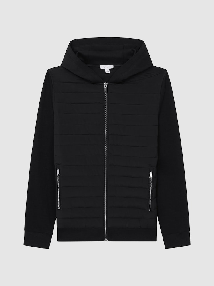 Reiss Black Taylor Hybrid Zip Quilted Hooded Jacket - Image 2 of 5