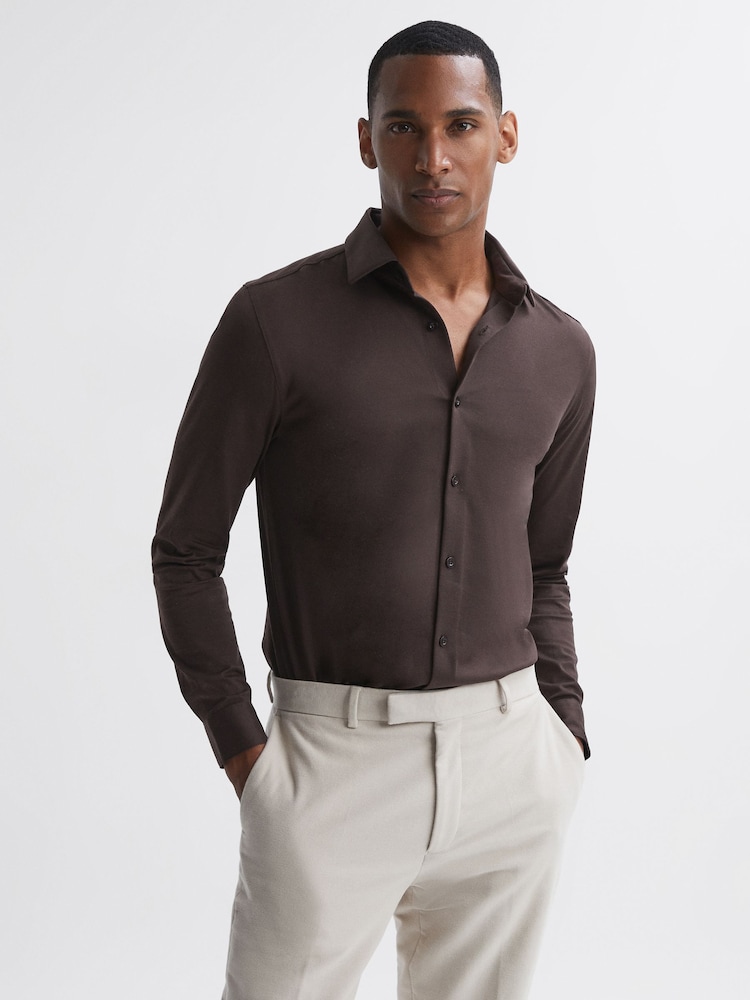 Reiss Chocolate King Mercerised Cotton Button-Through Shirt - Image 1 of 5