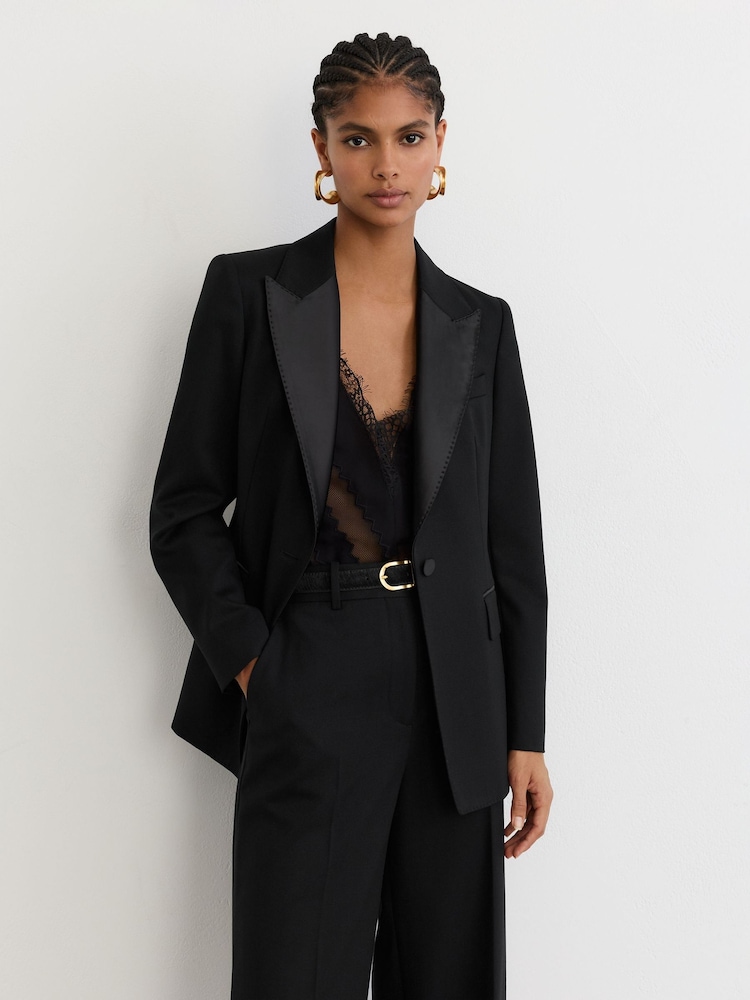 Reiss Black Dakota Wool-Blend Single-Breasted Tuxedo Blazer - Image 1 of 7 Reiss Black Dakota Wool-Blend Single-Breasted Tuxedo Blazer - Image 1 of 7
