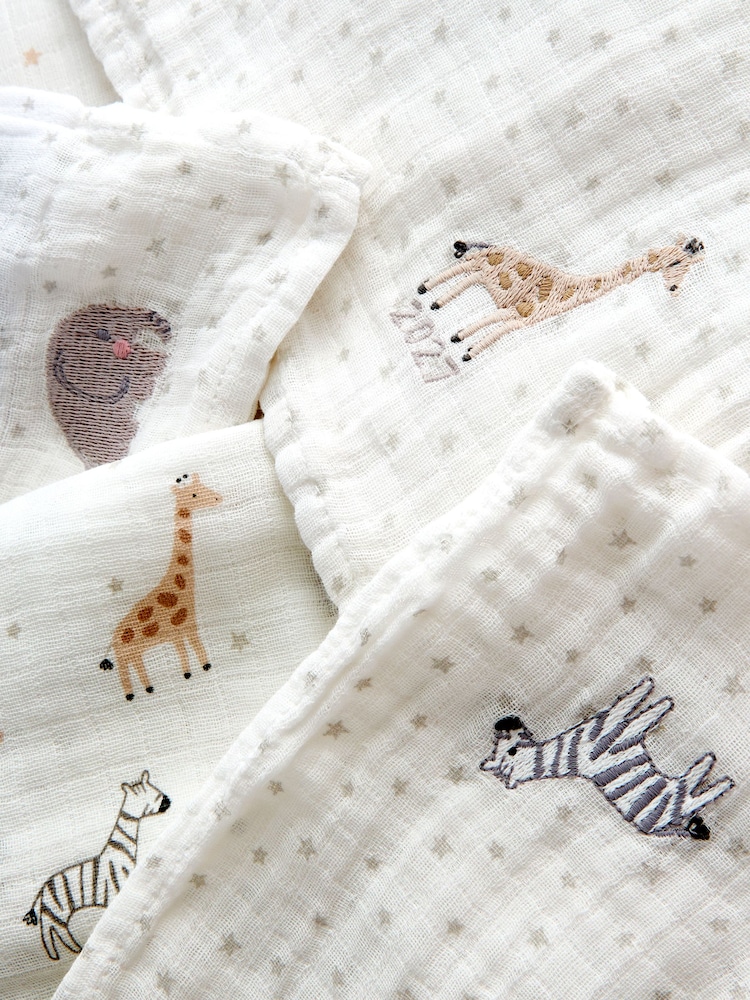 JoJo Maman Bébé Cream Safari Born in 2027 5-Pack Embroidered Muslins - Image 7 of 7 JoJo Maman Bébé Cream Safari Born in 2027 5-Pack Embroidered Muslins - Image 7 of 7