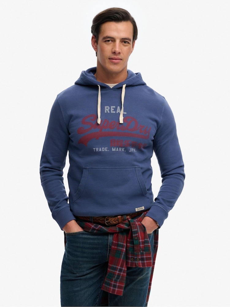Superdry Blue Vintage Logo Classic Hoodie - Image 1 of 5 Superdry Blue Vintage Logo Classic Hoodie - Image 1 of 5