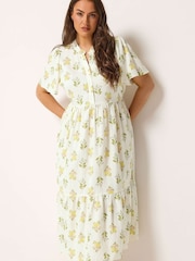 Yours Curve Cream Floral Half Placket Midi Dress - Image 1 of 5