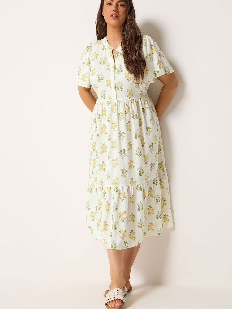 Yours Curve Cream Floral Half Placket Midi Dress - Image 2 of 5
