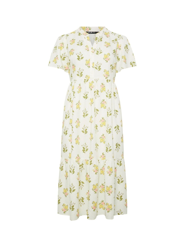 Yours Curve Cream Floral Half Placket Midi Dress - Image 5 of 5