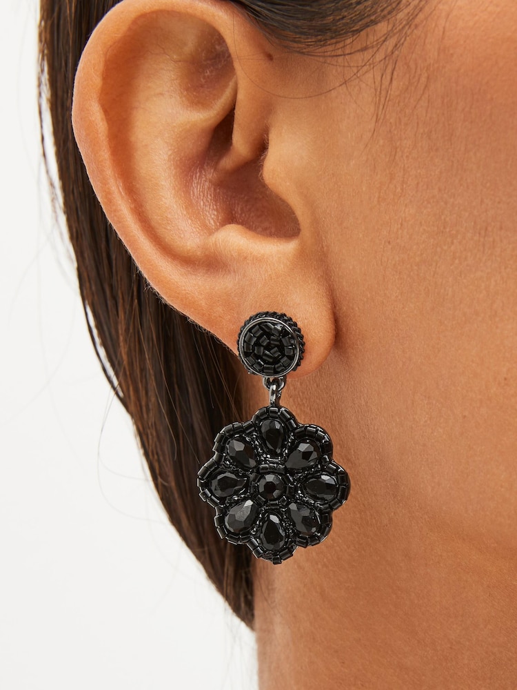 Black Sparkle Flower Drop Earrings - Image 2 of 3 Black Sparkle Flower Drop Earrings - Image 2 of 3
