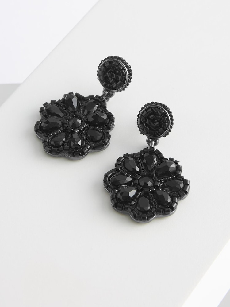 Black Sparkle Flower Drop Earrings - Image 3 of 3 Black Sparkle Flower Drop Earrings - Image 3 of 3