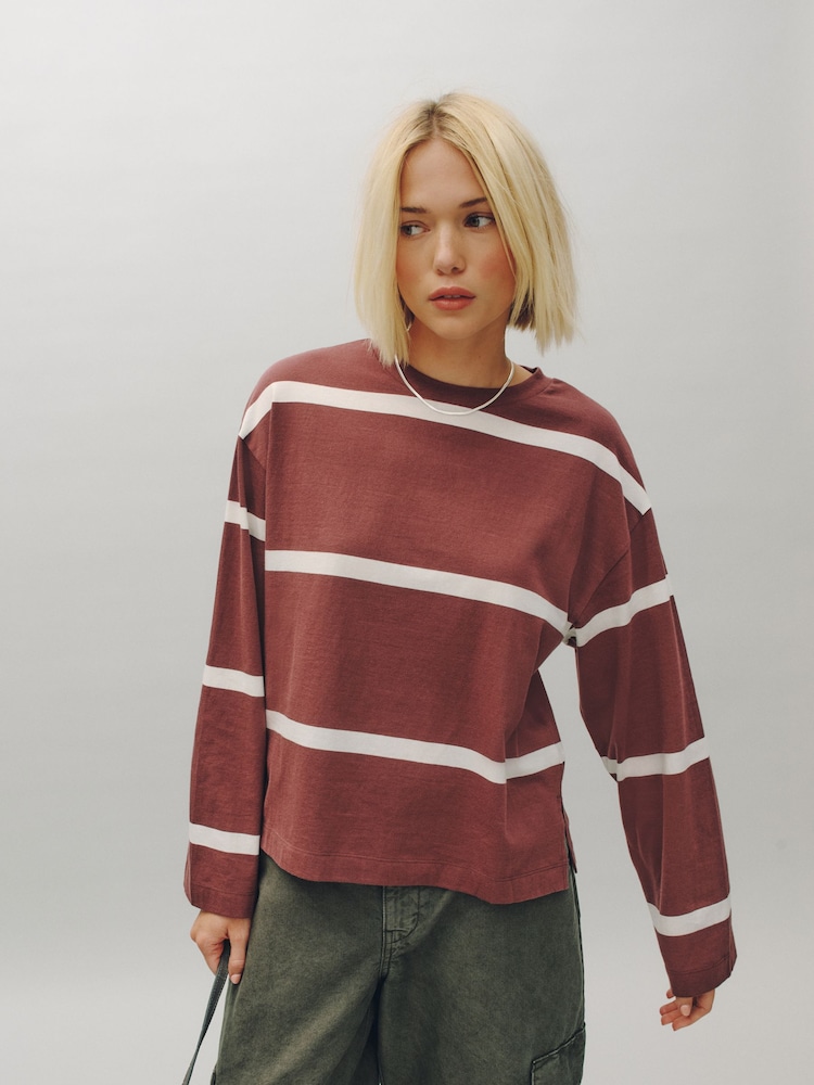Berry Stripe Crew Neck Long Sleeve Top - Image 1 of 5 Berry Stripe Crew Neck Long Sleeve Top - Image 1 of 5