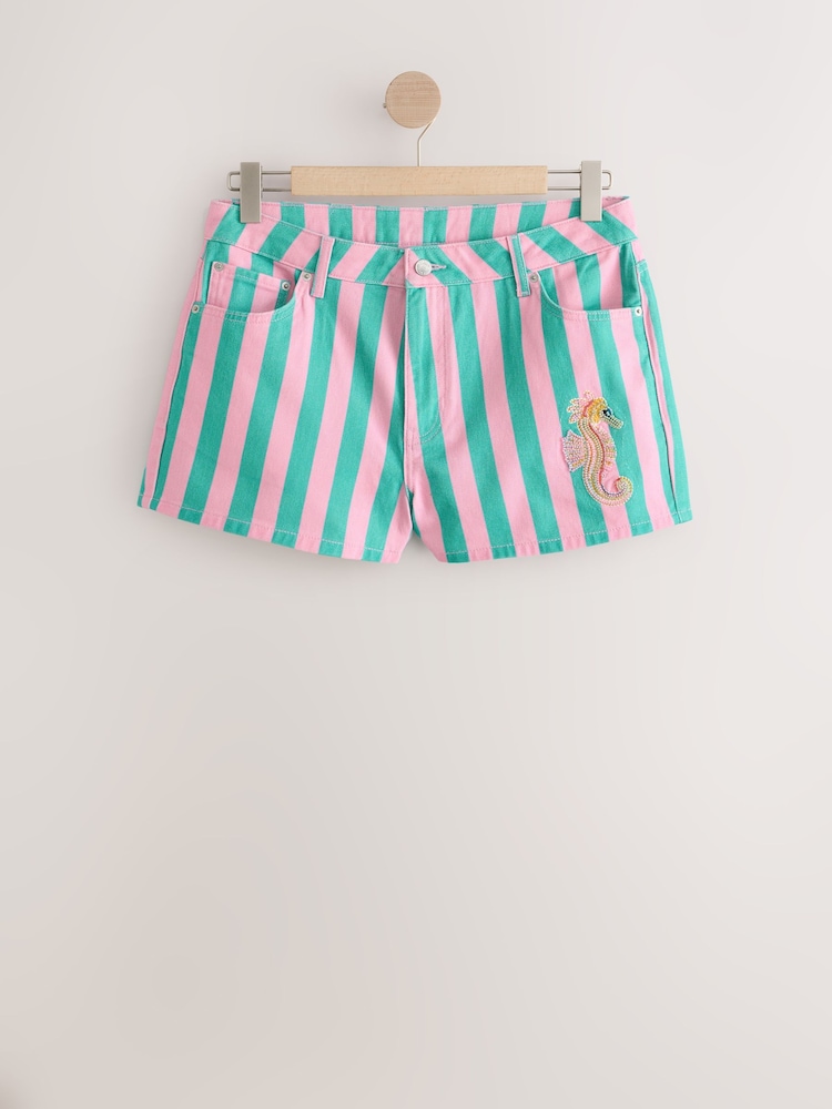 Pink/Turq Stripe Embellished Denim Shorts - Image 1 of 4 Pink/Turq Stripe Embellished Denim Shorts - Image 1 of 4