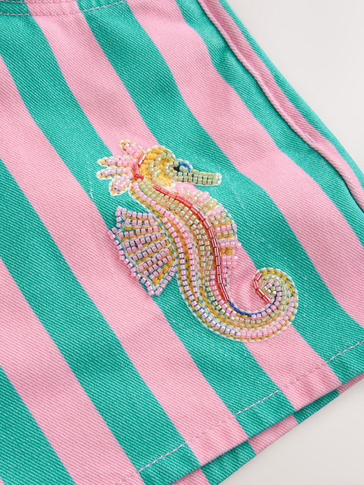 Pink/Turq Stripe Embellished Denim Shorts - Image 4 of 4 Pink/Turq Stripe Embellished Denim Shorts - Image 4 of 4