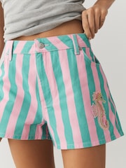 Pink/Turq Stripe - Embellished Denim Shorts - Bild 5 von 9