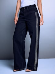 Black Embellished Side Stripe Wide Leg Denim Jeans - Image 2 of 5