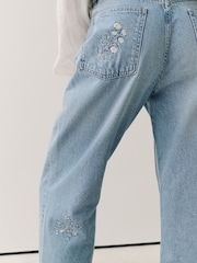 Light Blue White Floral Embroidery - Բարձրահարկ քաղաքային ուղիղ ոտքով իսկական ջինսեր - Պատկեր 4 9-ից