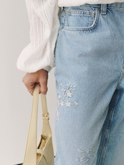 Light Blue White Floral Embroidery - Բարձրահարկ քաղաքային ուղիղ ոտքով իսկական ջինսեր - Պատկեր 6 9-ից
