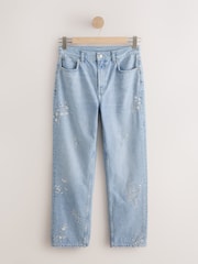 Light Blue White Floral Embroidery - Բարձրահարկ քաղաքային ուղիղ ոտքով իսկական ջինսեր - Պատկեր 7 9-ից