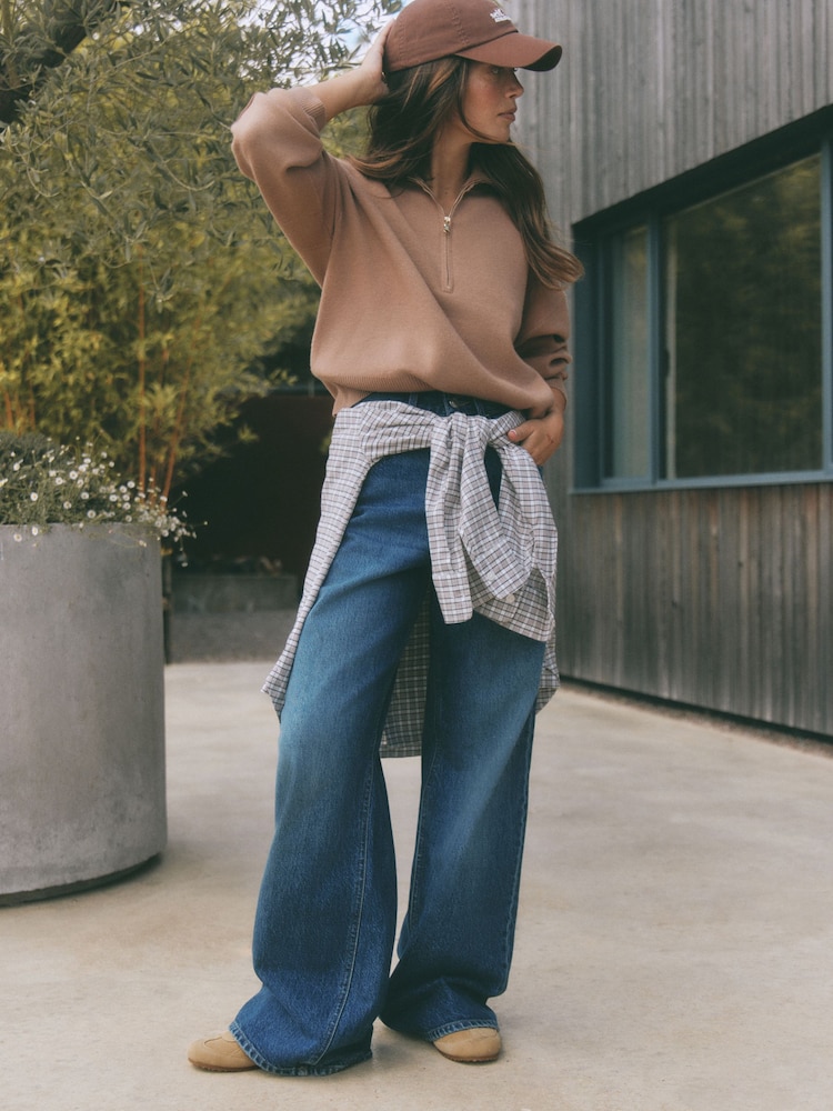 self. Dark Blue Mid Rise Wide Leg Jeans - Image 1 of 8 self. Dark Blue Mid Rise Wide Leg Jeans - Image 1 of 8
