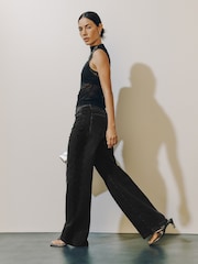 Black High Rise Lace Wide Leg Jeans - Image 2 of 9