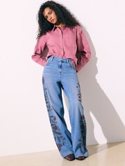 Mid Blue Floral Print Wide Leg Denim Jeans - Image 1 of 4