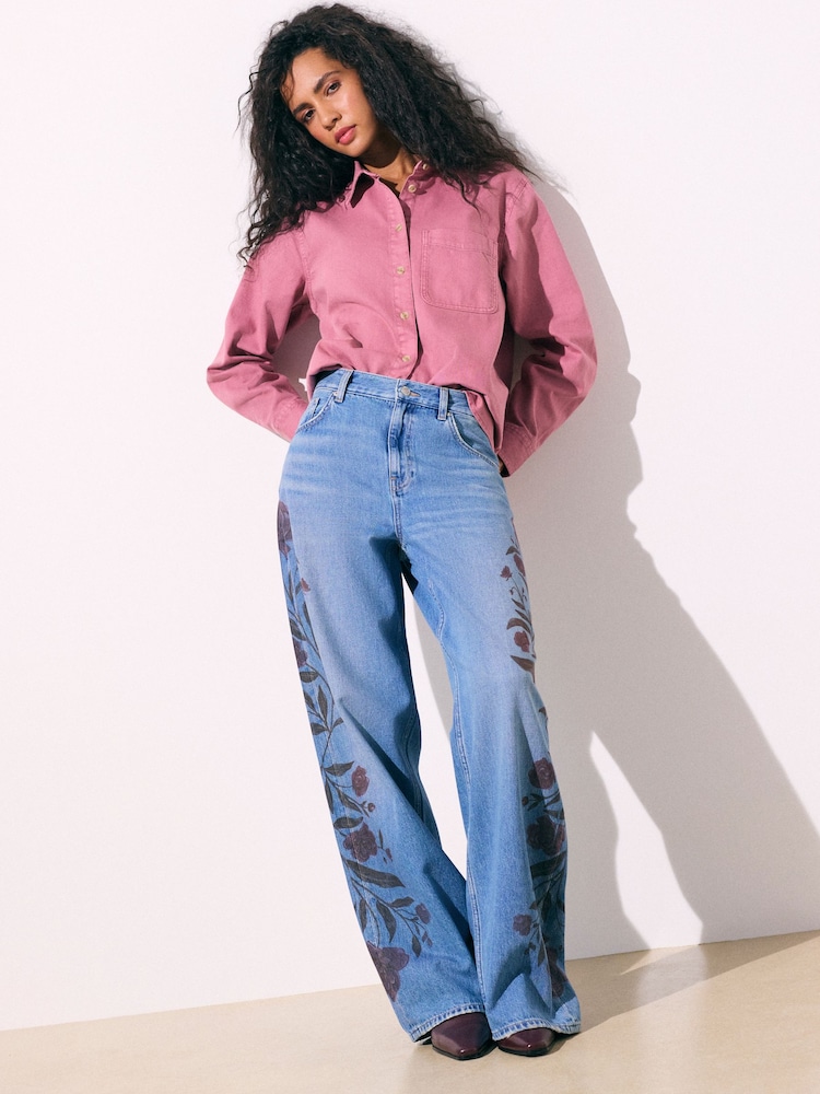 Mid Blue Floral Print Wide Leg Denim Jeans - Image 1 of 4