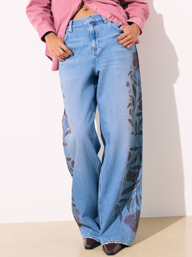 Mid Blue Floral Print Wide Leg Denim Jeans - Image 2 of 4