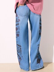 Mid Blue Floral Print Wide Leg Denim Jeans - Image 3 of 4