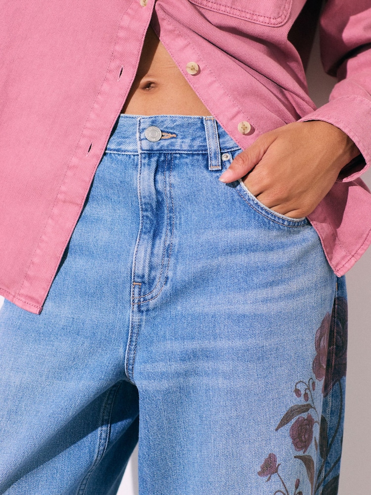 Mid Blue Floral Print Wide Leg Denim Jeans - Image 4 of 4