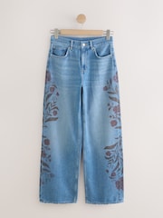 Mid Blue Floral Print - Maong na Malalapad ang Paa - Larawan 5 ng 7