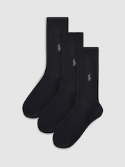 Polo Ralph Lauren Black Ribbed Cotton Blend Crew Socks 3 Pack - Image 1 of 2