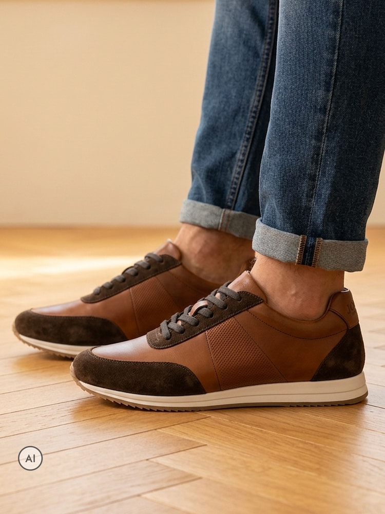 Jones Bootmaker Brown Salvi Wide Fit Leather Trainers - Image 1 of 6 Jones Bootmaker Brown Salvi Wide Fit Leather Trainers - Image 1 of 6