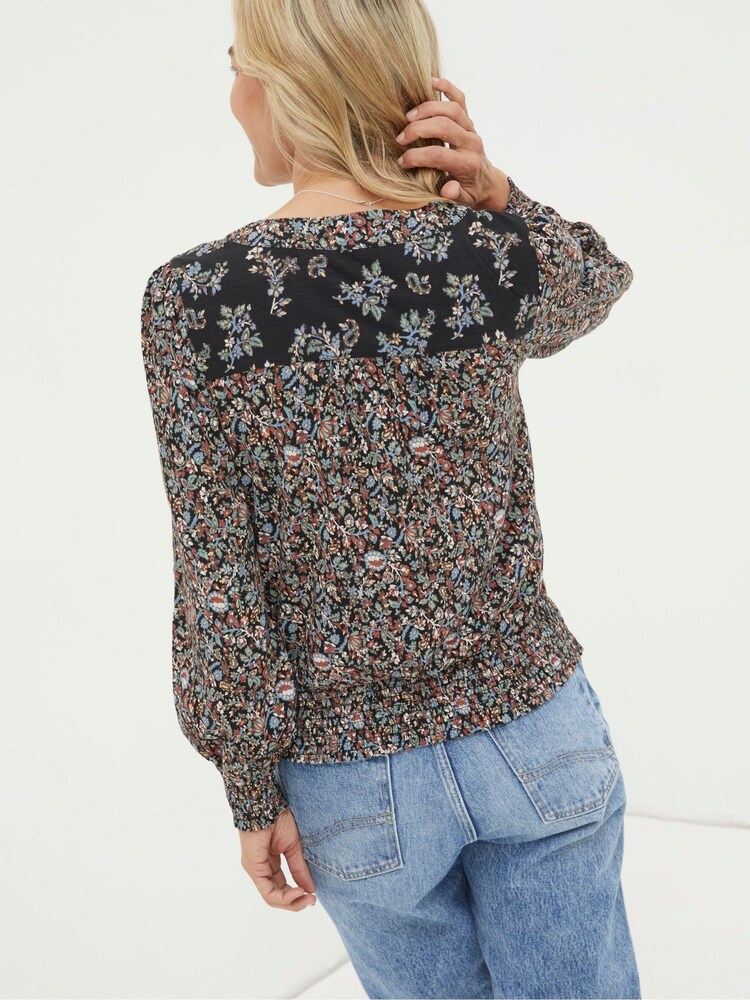 FatFace Black Remi Craft Floral Wrap Top - Image 2 of 4 FatFace Black Remi Craft Floral Wrap Top - Image 2 of 4