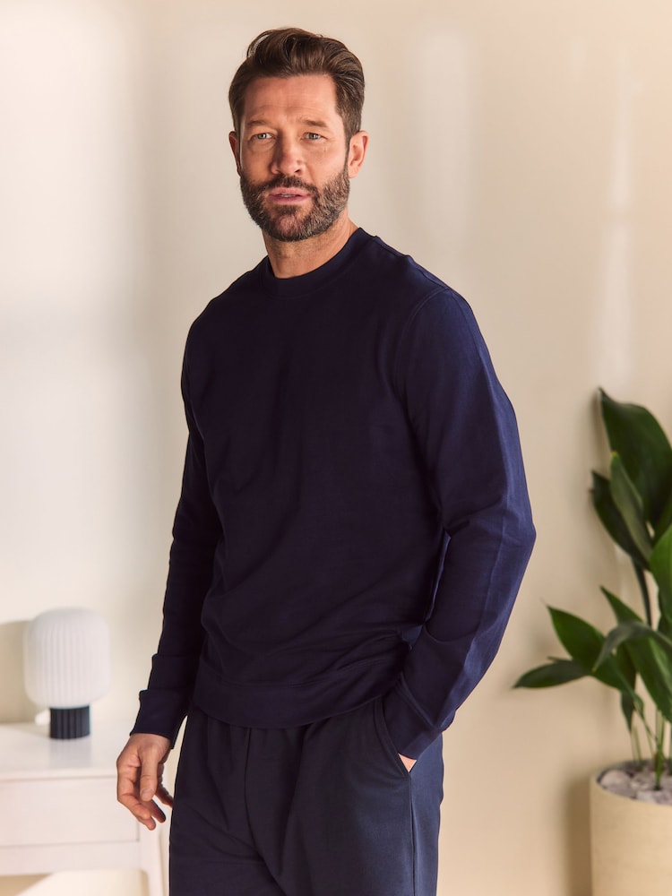 Navy Blue 100% Cotton Lightweight Crew Neck Sweatshirt - Image 1 of 8