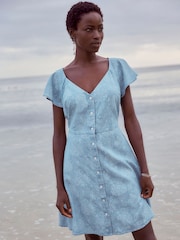 Blue Floral Print Denim TENCEL™ Mini Tea Dress - Image 1 of 6