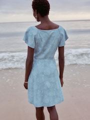 Blue Floral Print Denim TENCEL™ Mini Tea Dress - Image 3 of 6