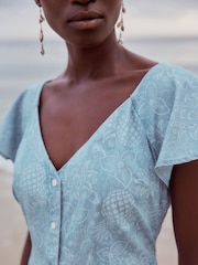 Blue Floral Print Denim TENCEL™ Mini Tea Dress - Image 4 of 6