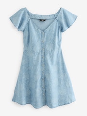 Blue Floral Print Denim TENCEL™ Mini Tea Dress - Image 5 of 6