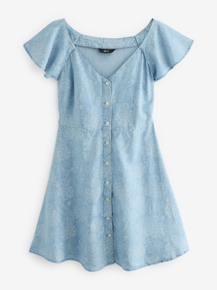 Blue Floral Print Denim TENCEL™ Mini Tea Dress - Image 5 of 6