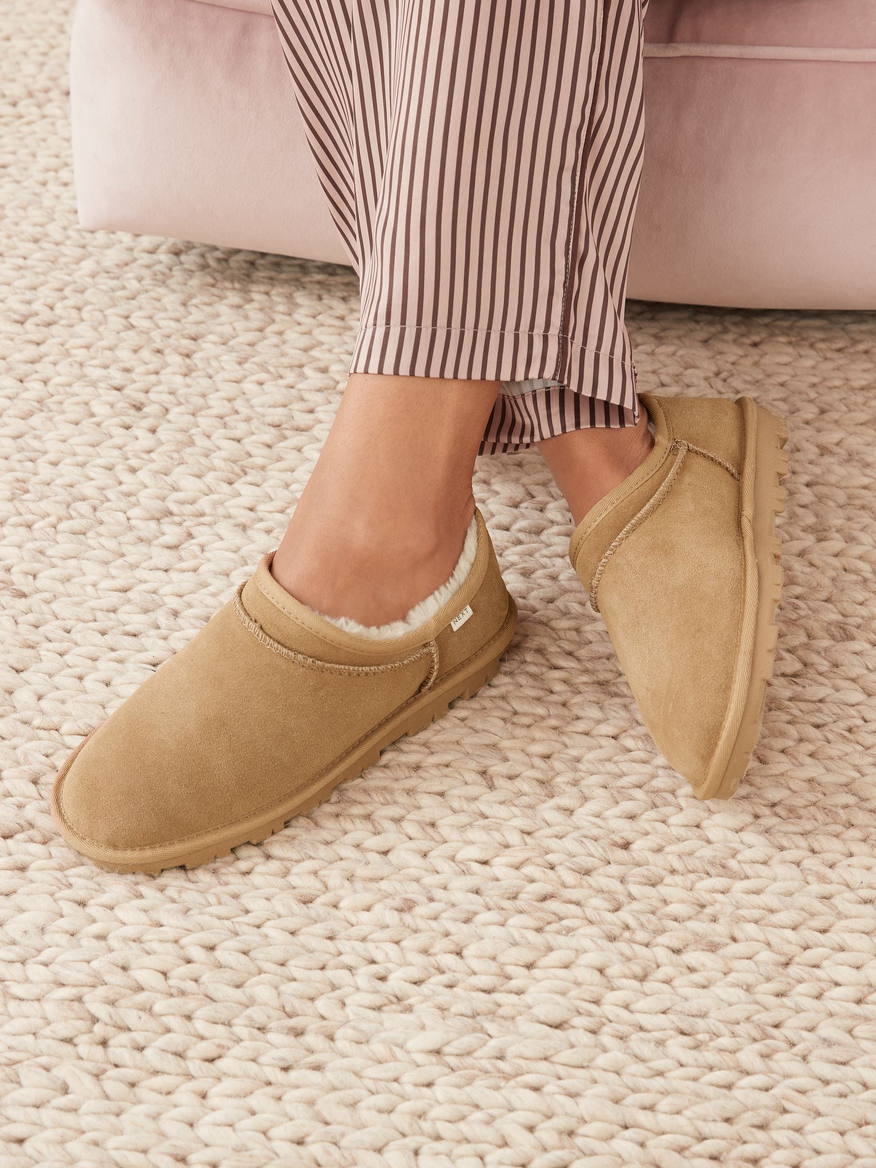 Buy Chestnut Brown Suede Faux Fur Lined Shoot Slippers from the Next UK online shop