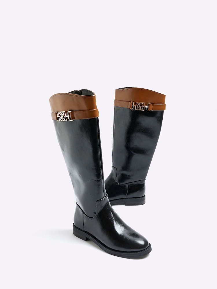 River Island Black Knee High Branded Strap Boots - Image 1 of 4