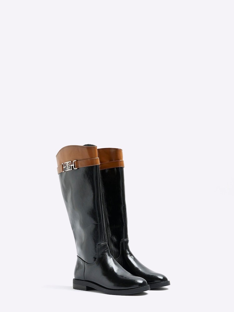 River Island Black Knee High Branded Strap Boots - Image 2 of 4