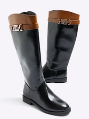 River Island Black Knee High Branded Strap Boots - Image 4 of 4