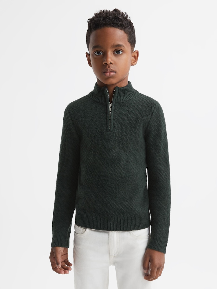 Reiss Forest Green Tempo Junior Slim Fit Knitted Half-Zip Funnel Neck Jumper - Image 1 of 5