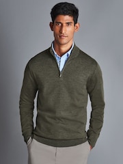 Charles Tyrwhitt Green Pure Merino Quarter Zip Jumper - Image 1 of 4