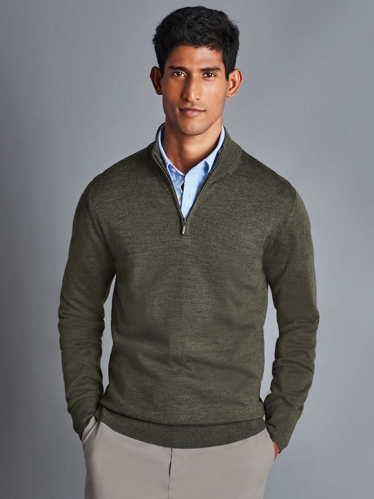 Charles Tyrwhitt Green Pure Merino Quarter Zip Jumper - Image 1 of 4