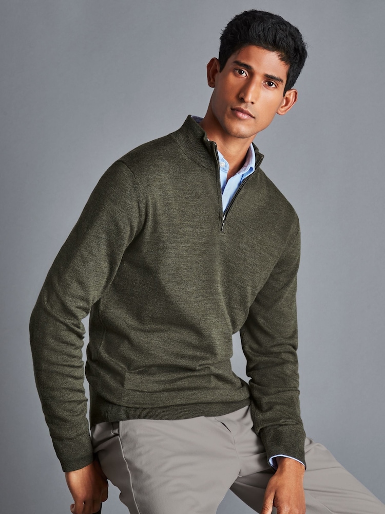 Charles Tyrwhitt Green Pure Merino Quarter Zip Jumper - Image 2 of 4