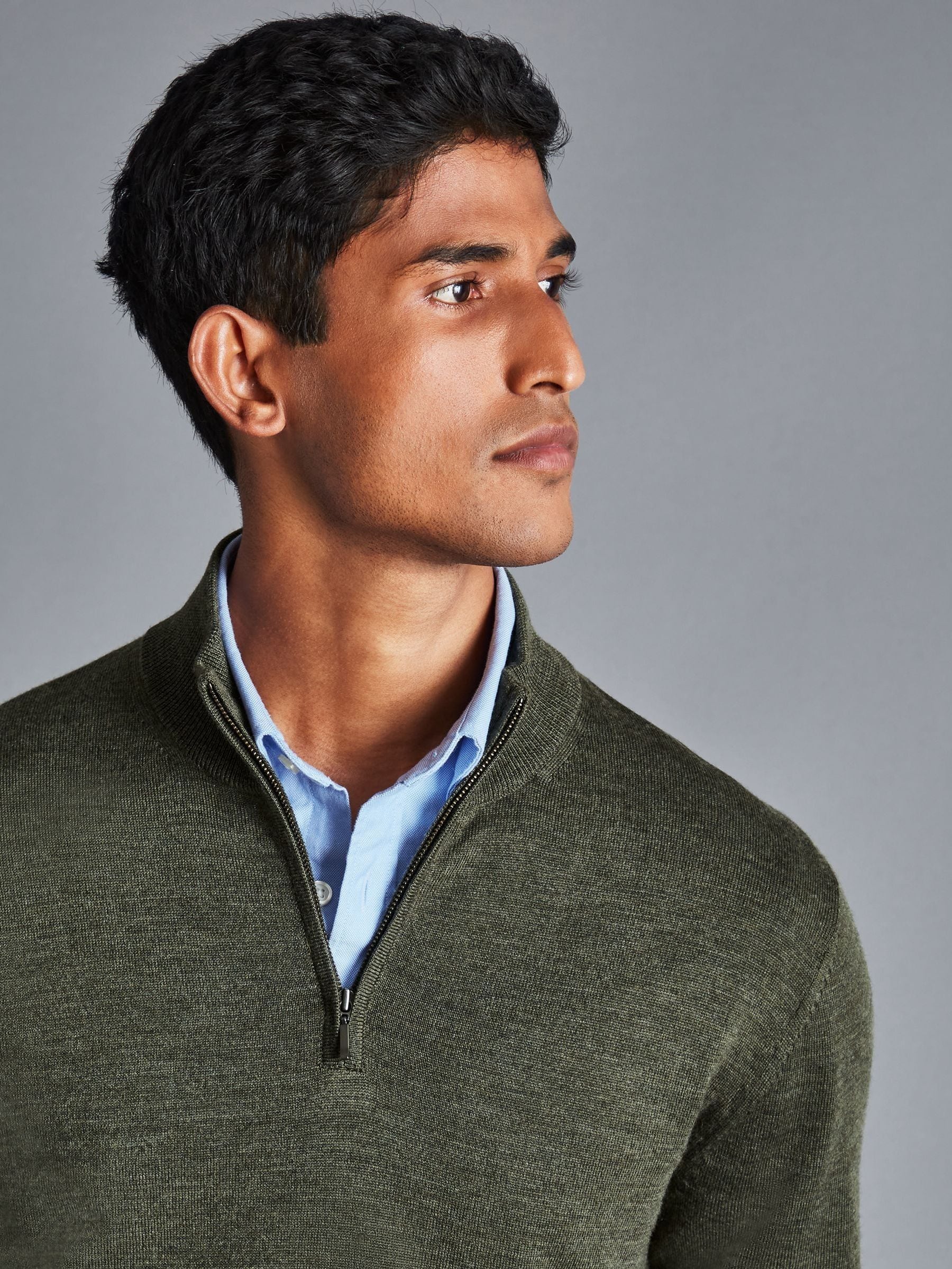 Buy Charles Tyrwhitt Green Pure Merino Quarter Zip Jumper from