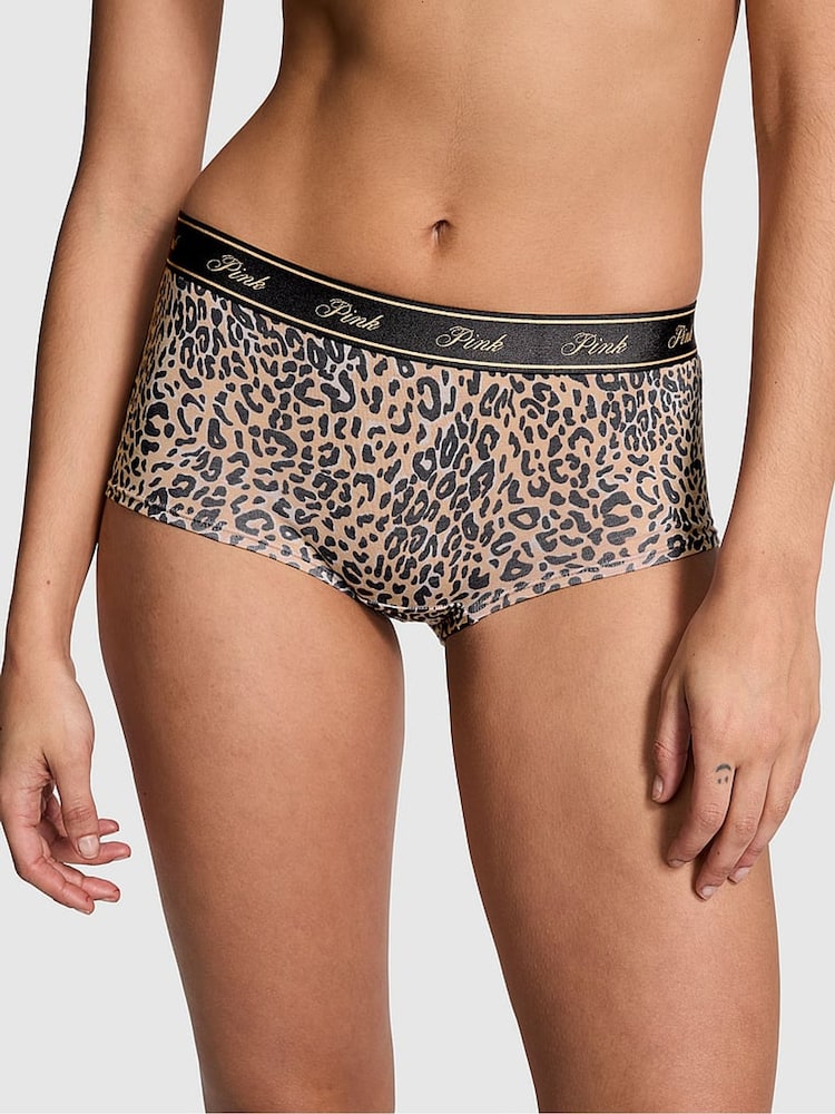 Victoria's Secret PINK Leopard Brown Short Cotton Logo Boyshort Knickers - Image 1 of 3