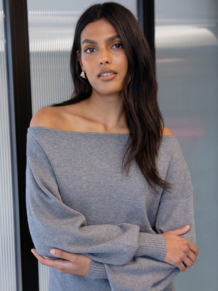 Threadbare Grey Slash Neck Knitted Jumper - Image 4 of 4