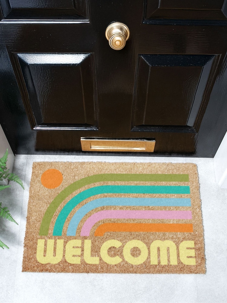 Artsy Mats Brown Elizabeth Olwen Welcome Rainbow Coir Doormat - Image 1 of 13